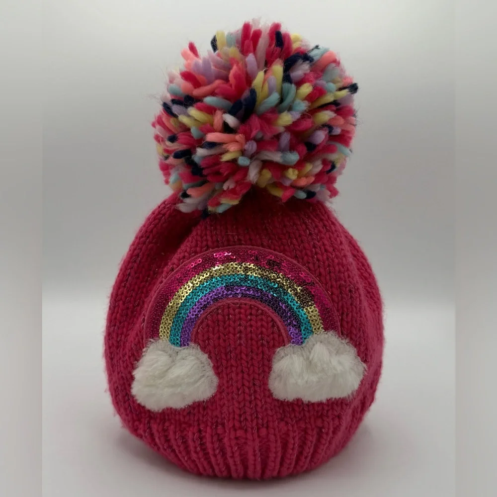 Children’s Place Pink Beanie With A Colorful Pom-Pom & Sequin Rainbow. Sz 2T-3T.
